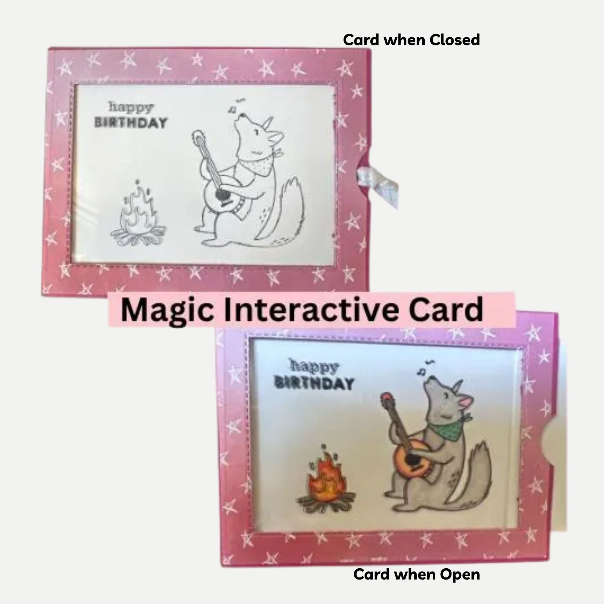 Interactive Birthday Card with Pull-Tab Magic, Bear Playing Banjo Around Campfire Magic Card