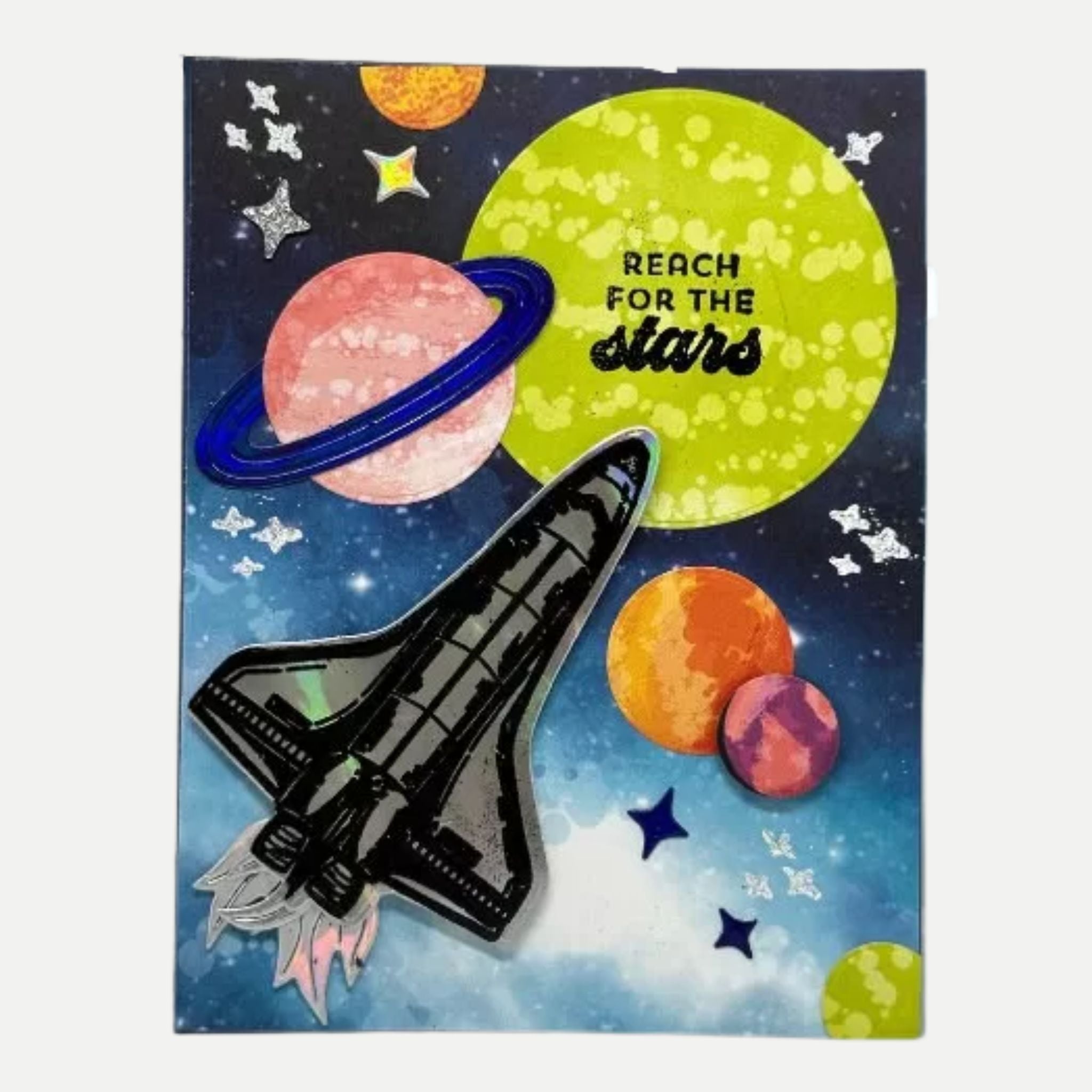 Reach for the stars greeting card, Spaceship card, Planets and Stars card