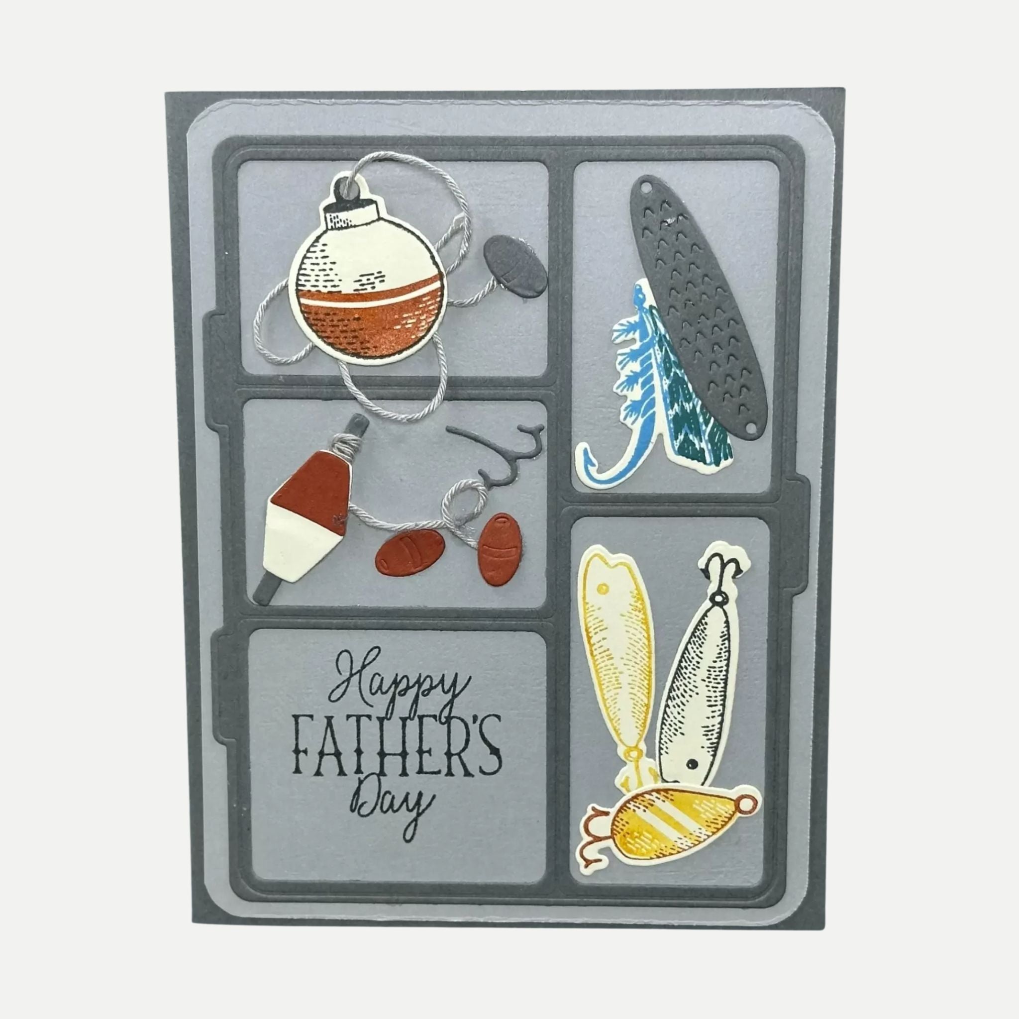 Fun fishing tackle box Father’s Day card with lures, hooks, and bobbers