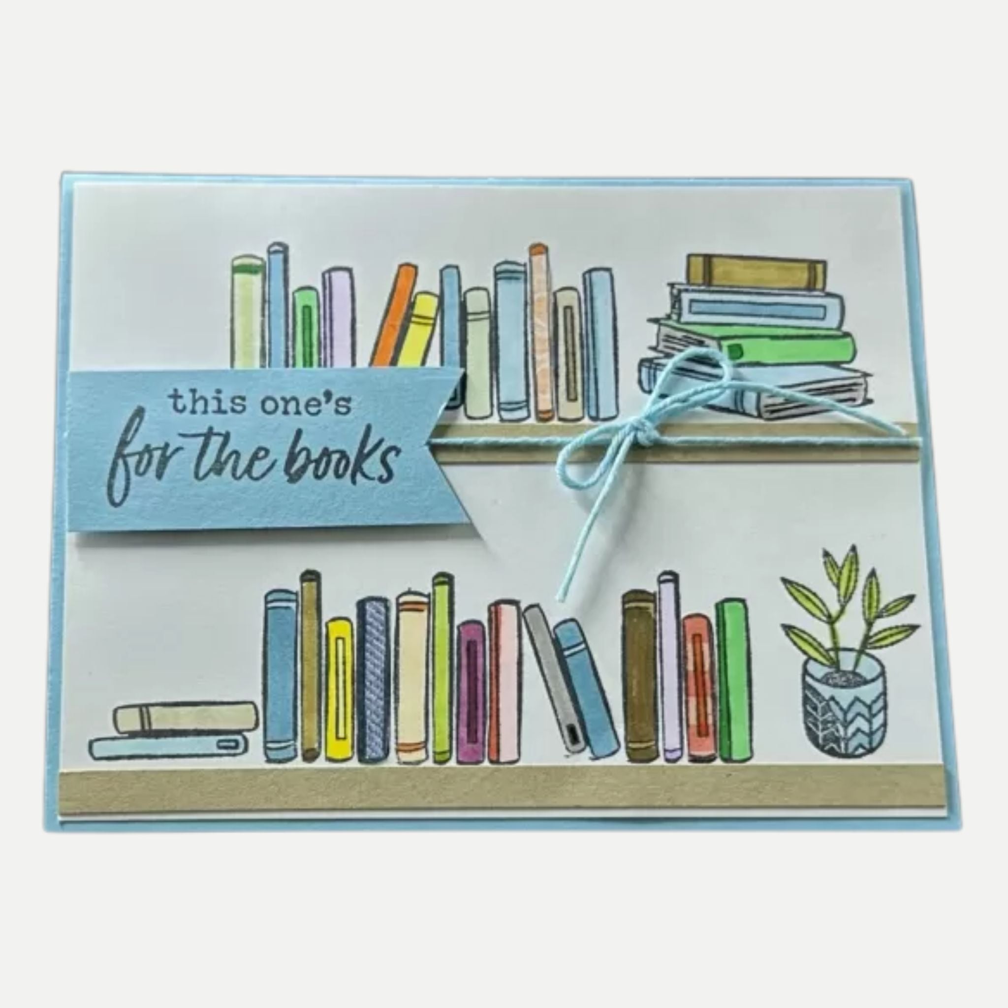 Fun handmade card is perfect for book lovers! Full bookshelves, happy reading theme they’ll enjoy!