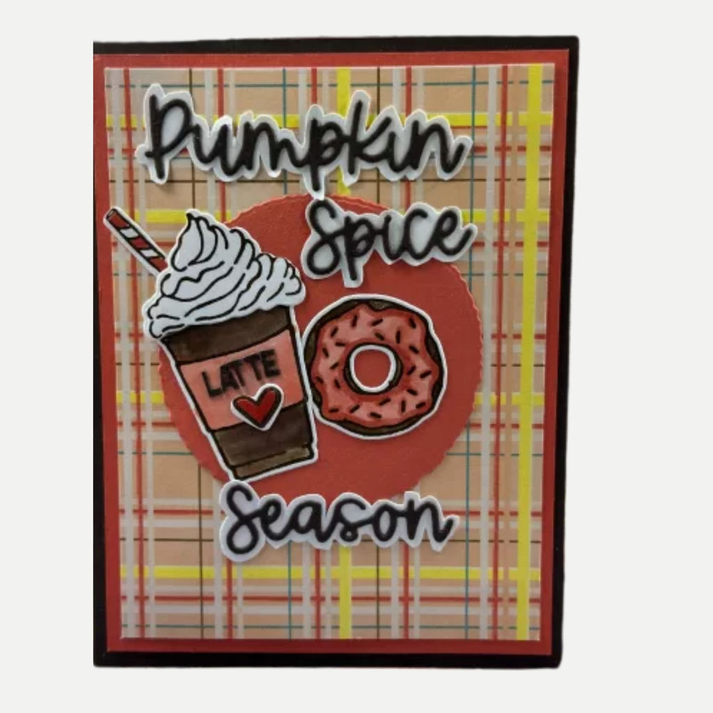 Plaid Fall Greeting Card with Latte and Donut – Pumpkin Pie Season – Perfect Autumn Card