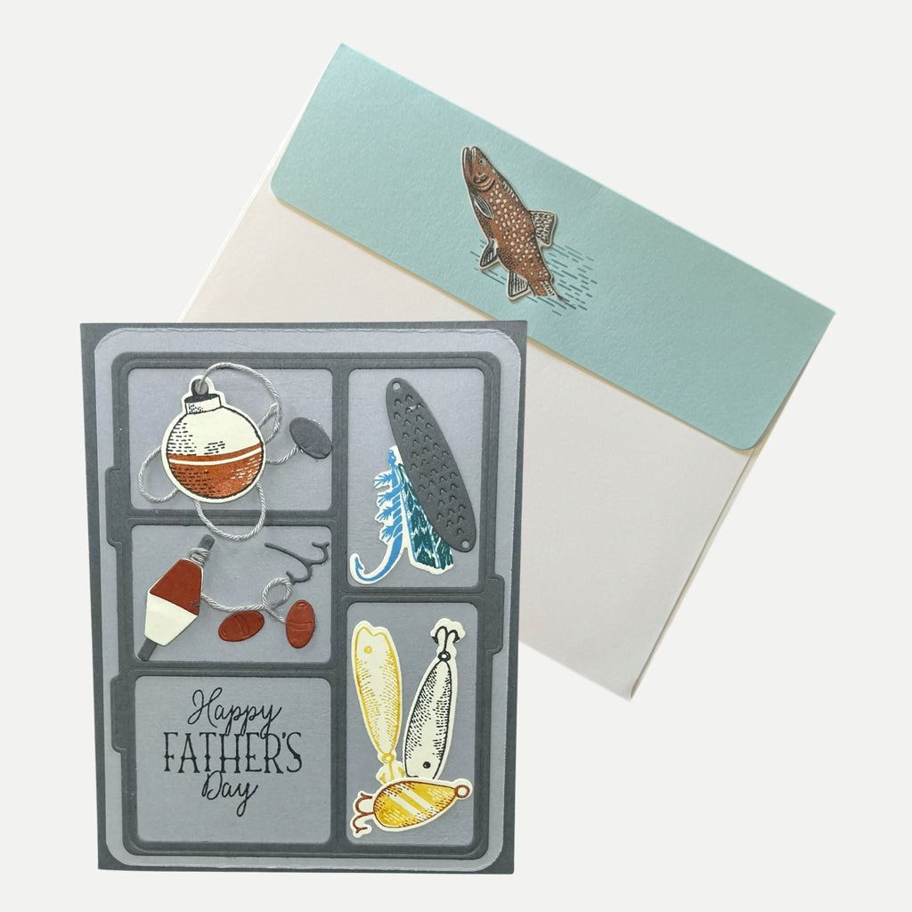 Fun fishing tackle box Father’s Day card with lures, hooks, and bobbers