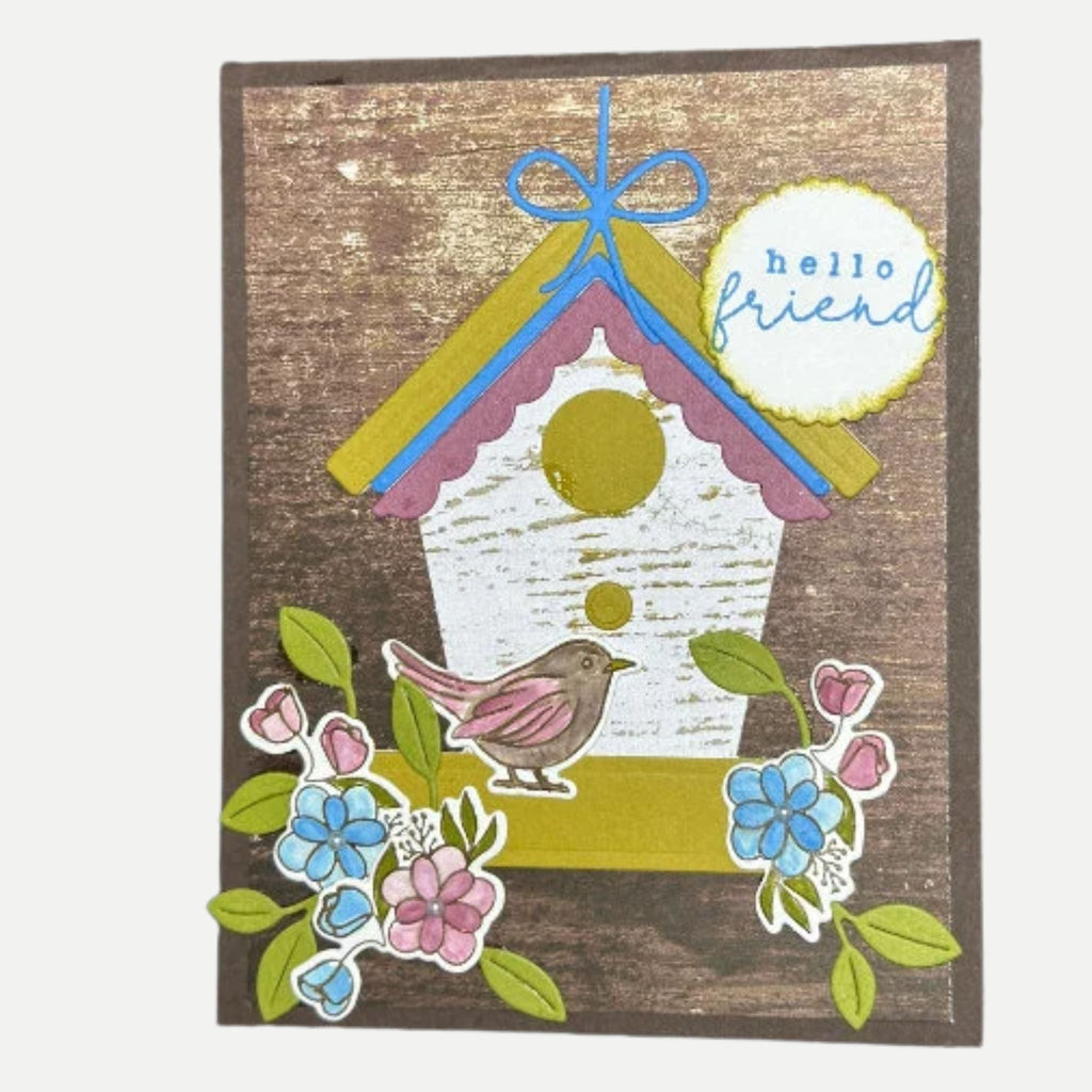 Hello Friend – Charming Birdhouse Card with Flowers Cute Bird Design
