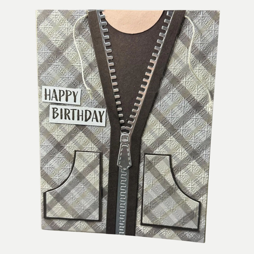 Happy Birthday Card That Looks Like a Jacket – Fun Brown Plaid Sweater Design with Drawstrings