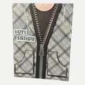 Happy Birthday Card That Looks Like a Jacket – Fun Brown Plaid Sweater Design with Drawstrings