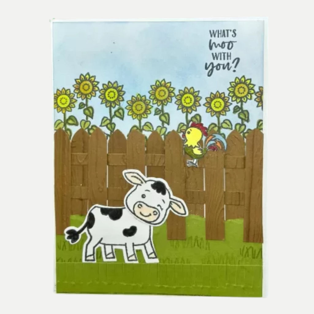Playful Cow Card with Sunflowers and Baby Rooster – Cute Friendship Card – What’s Moo with...