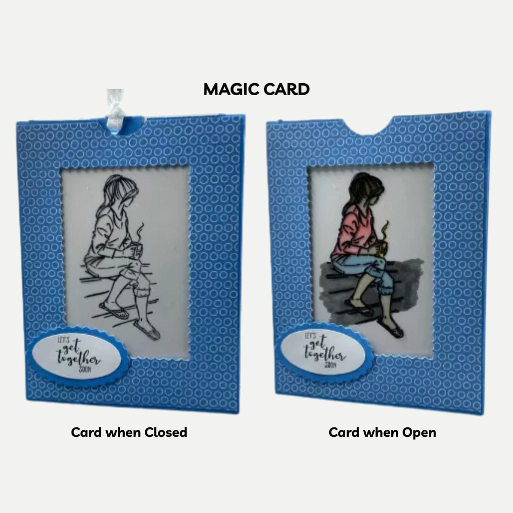 Handmade Color-Magic Changing Card Featuring Girl with Coffee | Magic Reveal Card with Pull-Tab