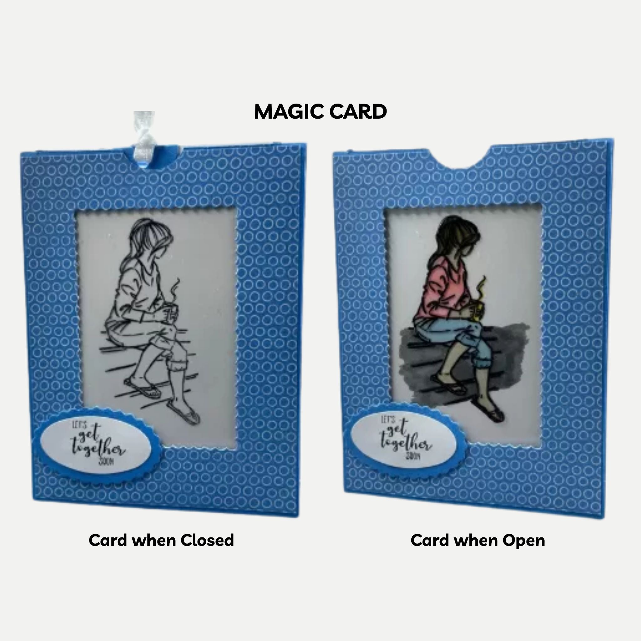 Handmade Color-Magic Changing Card Featuring Girl with Coffee | Magic Reveal Card with Pull-Tab