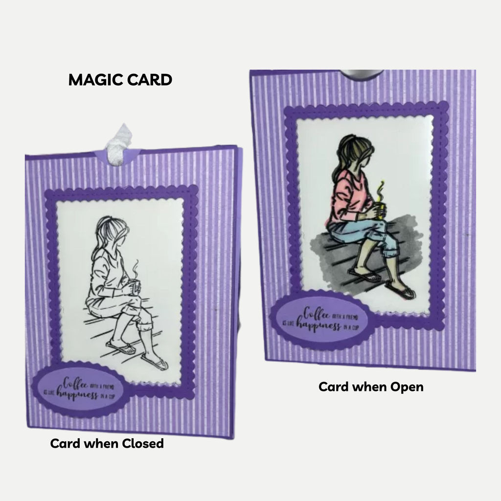 Magic Reveal Card with Pull-Tab | Handmade Color-Changing Card Featuring Girl with Coffee