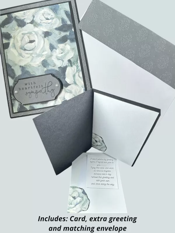 Elegant sympathy card with soft black and white roses, heartfelt message for comfort