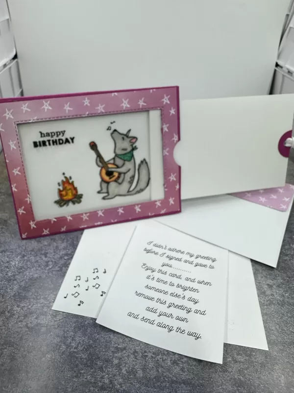 Interactive Birthday Card with Pull-Tab Magic, Bear Playing Banjo Around Campfire Magic Card