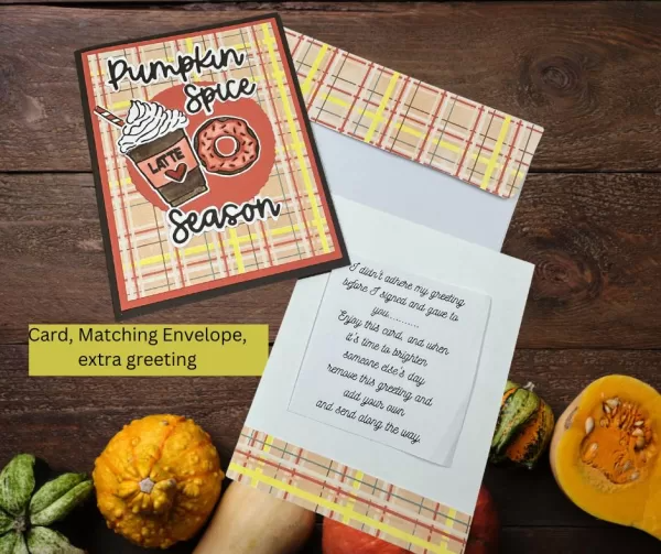 Plaid Fall Greeting Card with Latte and Donut – Pumpkin Pie Season – Perfect Autumn Card