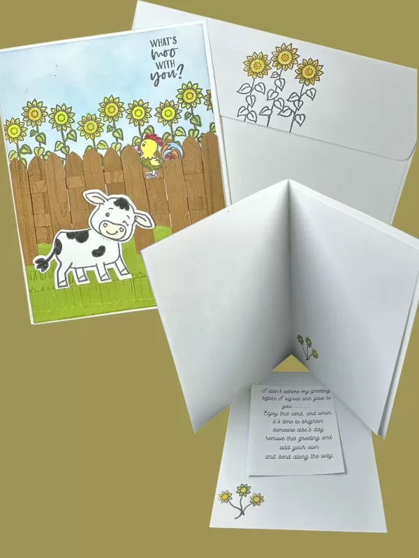 Playful Cow Card with Sunflowers and Baby Rooster – Cute Friendship Card – What’s Moo with...