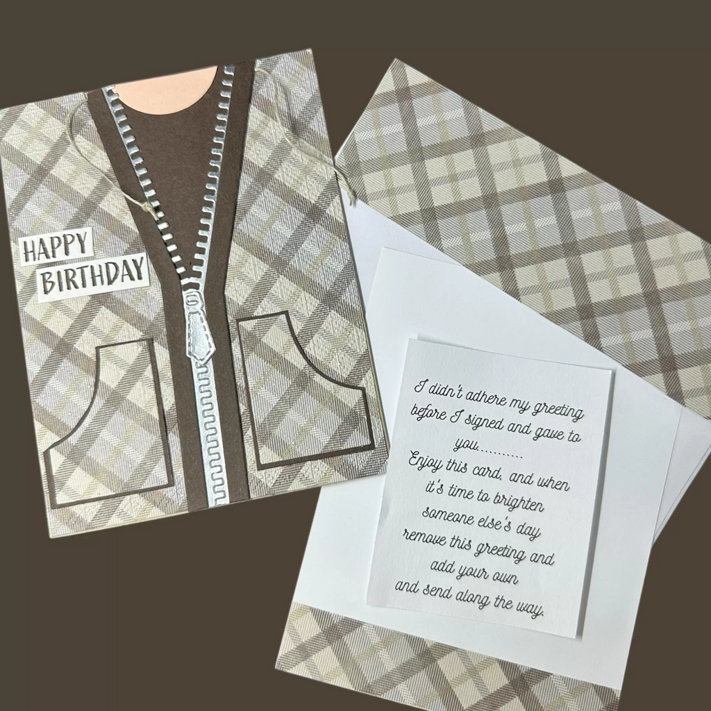 Happy Birthday Card That Looks Like a Jacket – Fun Brown Plaid Sweater Design with Drawstrings