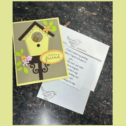 Charming Birdhouse Card with Flowers |”Hello Friend” | Cute Bird Design