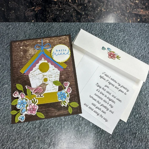 Hello Friend – Charming Birdhouse Card with Flowers Cute Bird Design