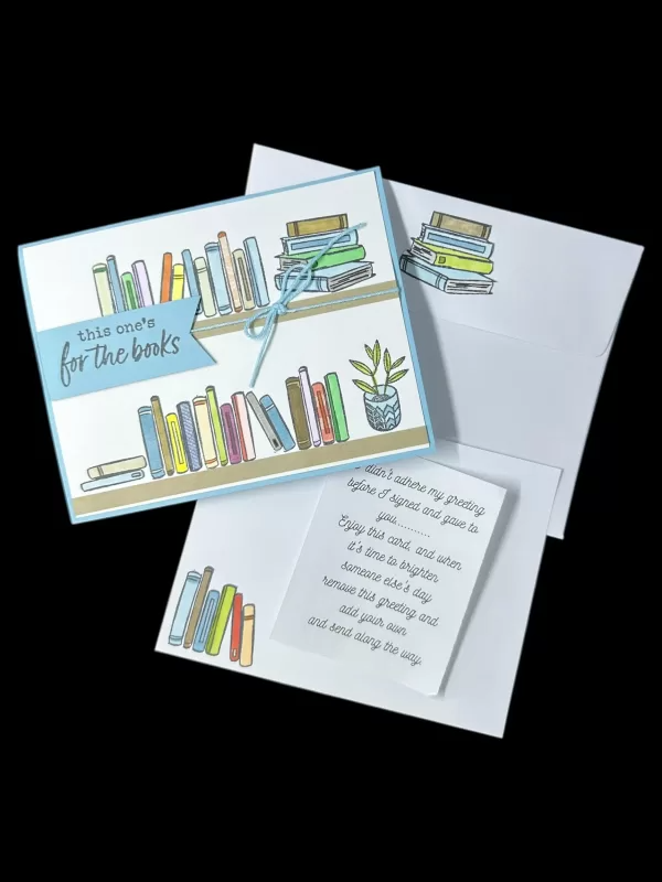 Fun handmade card is perfect for book lovers! Full bookshelves, happy reading theme they’ll enjoy!