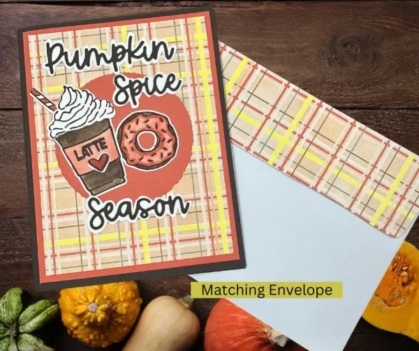 Plaid Fall Greeting Card with Latte and Donut – Pumpkin Pie Season – Perfect Autumn Card