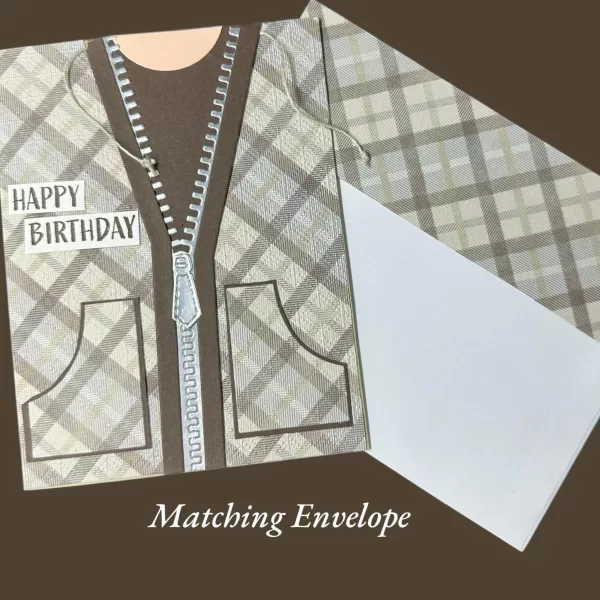 Happy Birthday Card That Looks Like a Jacket – Fun Brown Plaid Sweater Design with Drawstrings