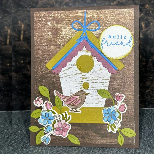 Hello Friend – Charming Birdhouse Card with Flowers Cute Bird Design
