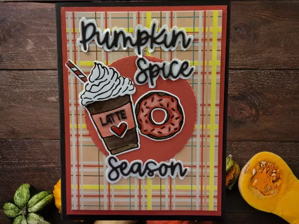 Plaid Fall Greeting Card with Latte and Donut – Pumpkin Pie Season – Perfect Autumn Card
