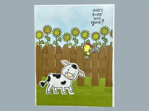 Playful Cow Card with Sunflowers and Baby Rooster – Cute Friendship Card – What’s Moo with...