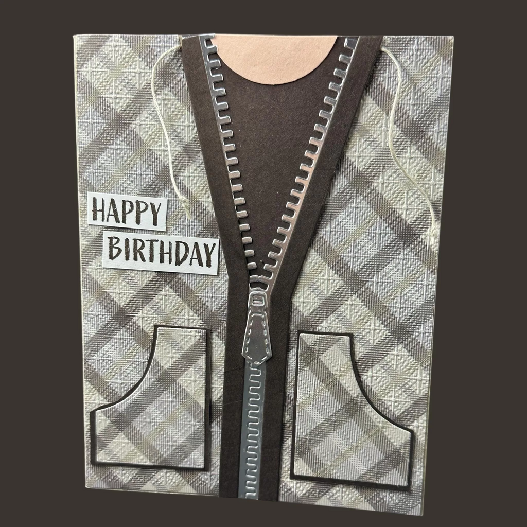 Happy Birthday Card That Looks Like a Jacket – Fun Brown Plaid Sweater Design with Drawstrings