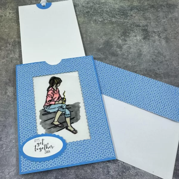 Handmade Color-Magic Changing Card Featuring Girl with Coffee | Magic Reveal Card with Pull-Tab