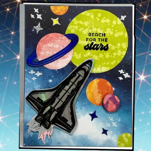 Reach for the stars greeting card, Spaceship card, Planets and Stars card