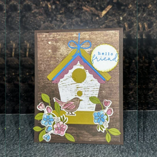 Hello Friend – Charming Birdhouse Card with Flowers Cute Bird Design