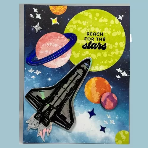 Reach for the stars greeting card, Spaceship card, Planets and Stars card