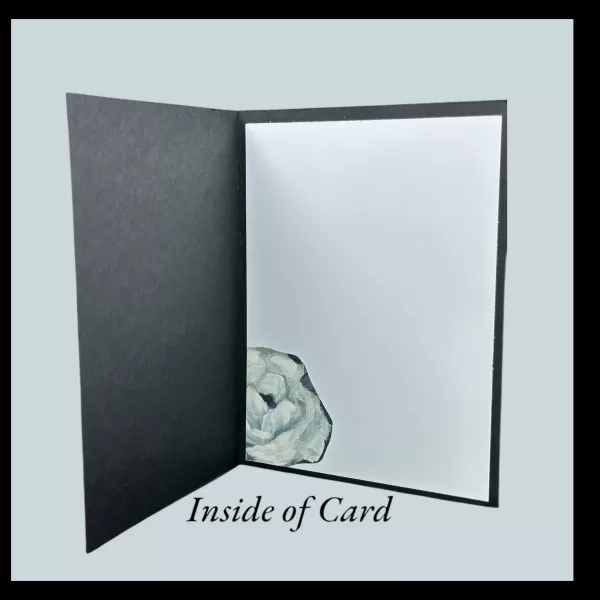 Elegant sympathy card with soft black and white roses, heartfelt message for comfort