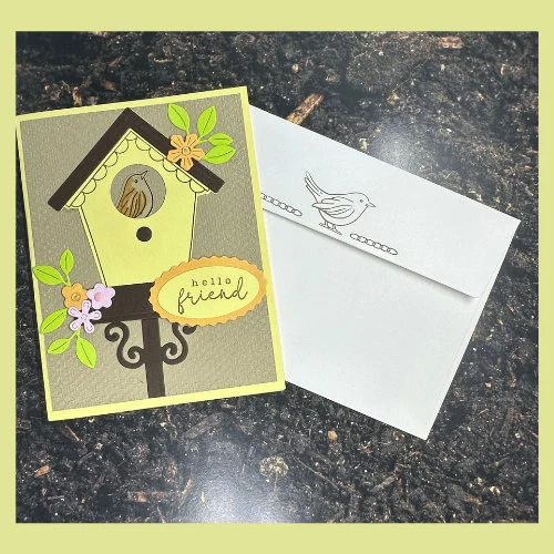 Charming Birdhouse Card with Flowers |”Hello Friend” | Cute Bird Design