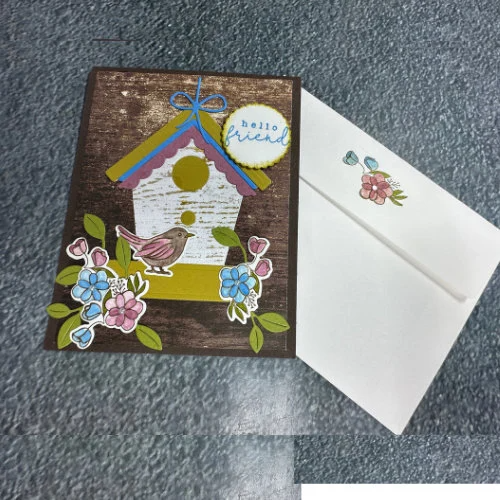 Hello Friend – Charming Birdhouse Card with Flowers Cute Bird Design