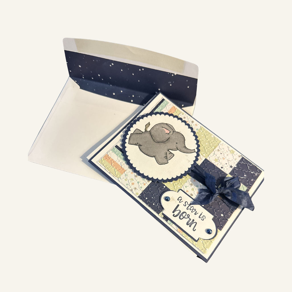A Star Is Born Baby Boy Card – Cute Elephant Quilt Design – Welcome New Baby