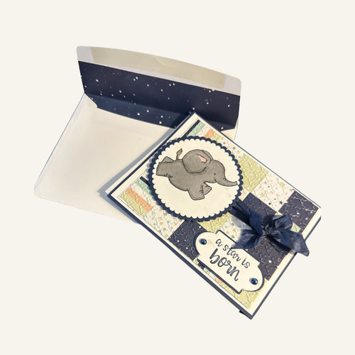 A Star Is Born Baby Boy Card – Cute Elephant Quilt Design – Welcome New Baby