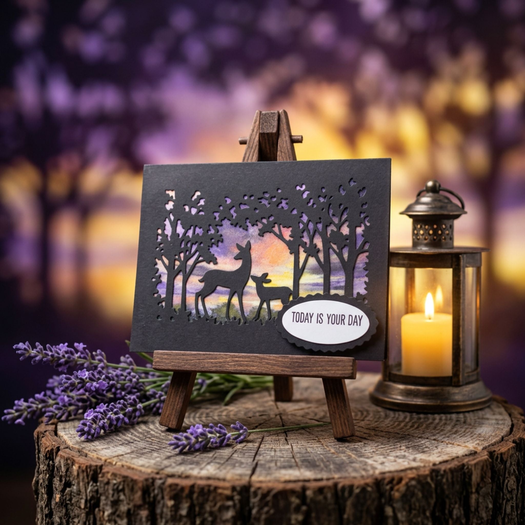 Handmade deer birthday card displayed on rustic wooden easel beside lantern and lavender