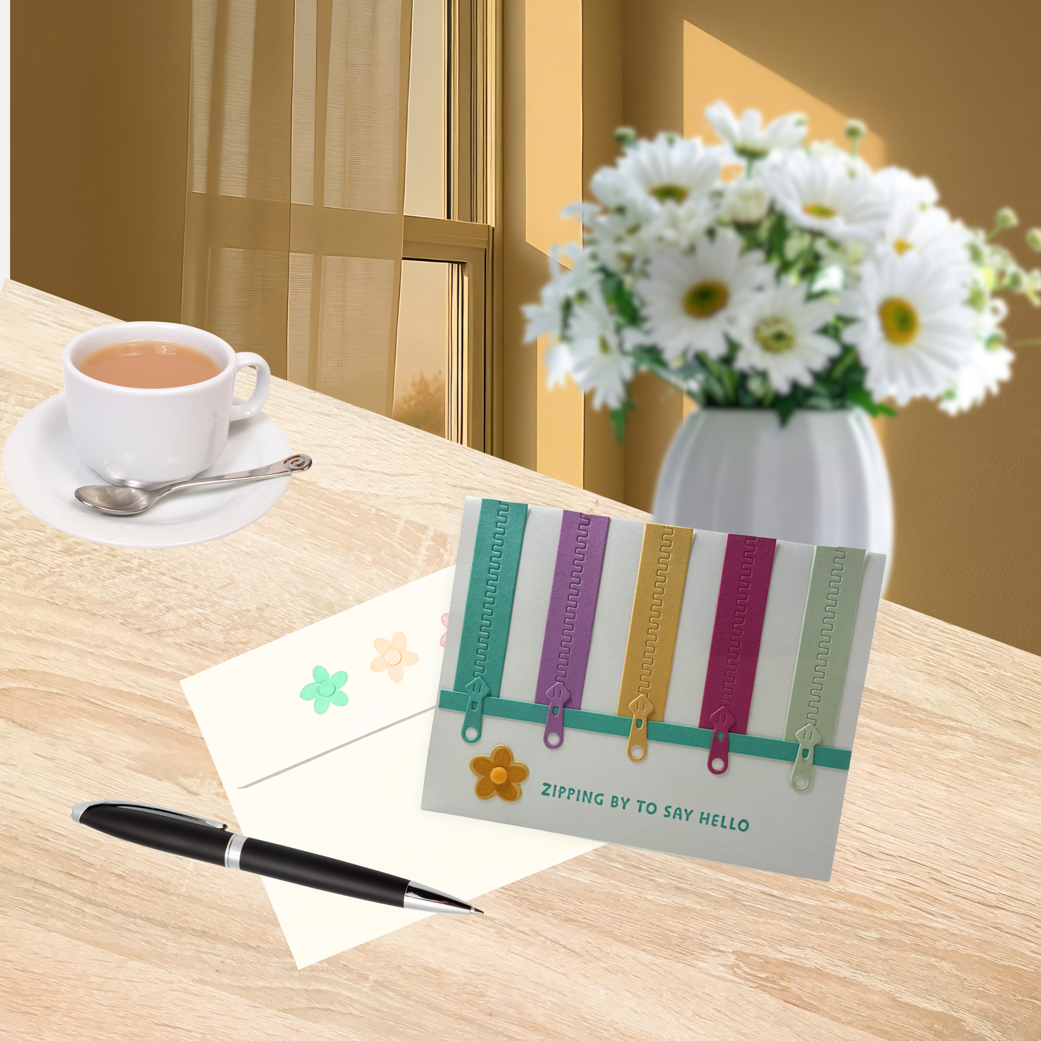 Handmade zipper birthday card displayed on a desk beside a notebook, pen, coffee cup, and fresh flowers in natural light.