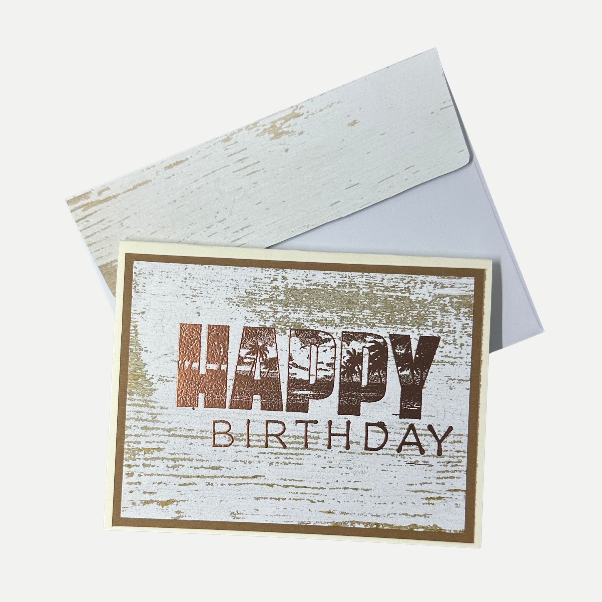 Handmade rustic birthday card displayed with coordinating envelope.