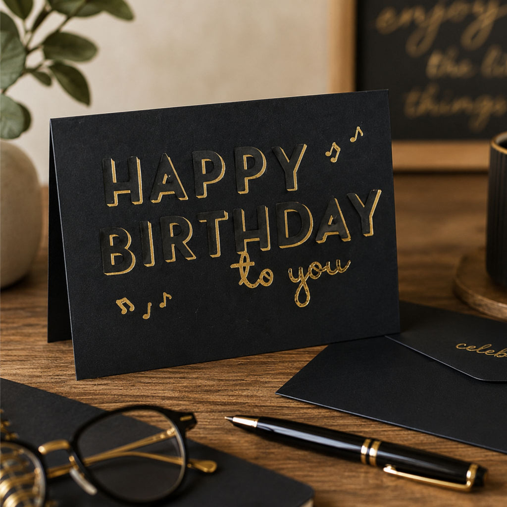 A black greeting card with gold foil lettering that reads 'HAPPY BIRTHDAY to you' stands open on a wooden desk, surrounded by a pen, eyeglasses.