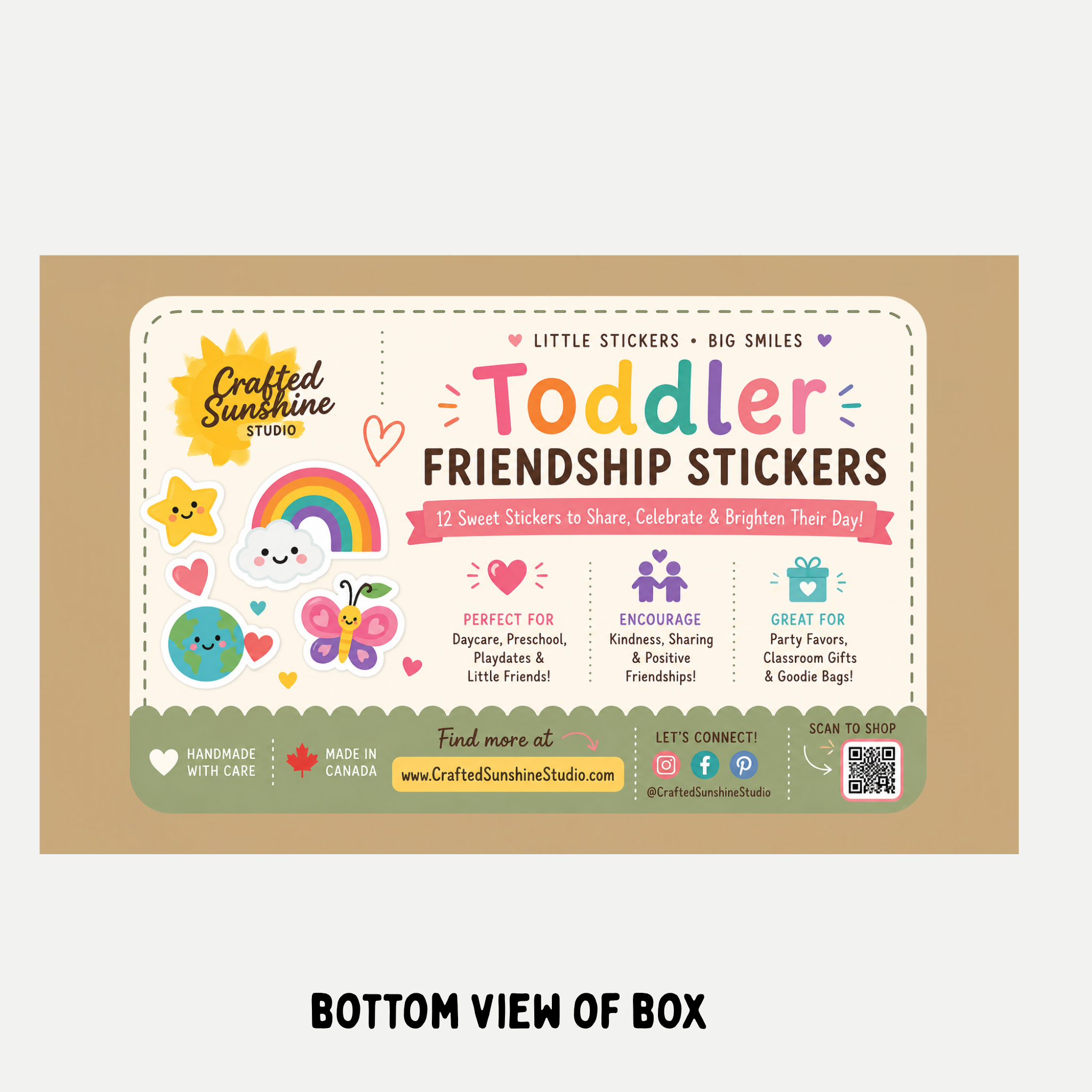 Bottom of box with name of sticker collection in bright colourful font. Shows social media icons, and samples of stickers inside box