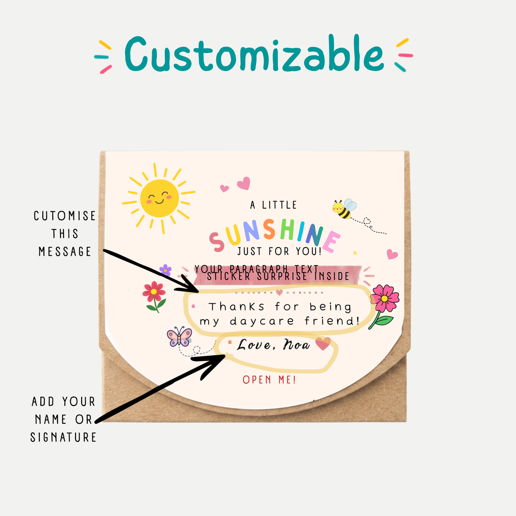 A customizable daycare gift featuring sticker set shown on a kraft style envelope box showing you can customize both the greeting and the signature
