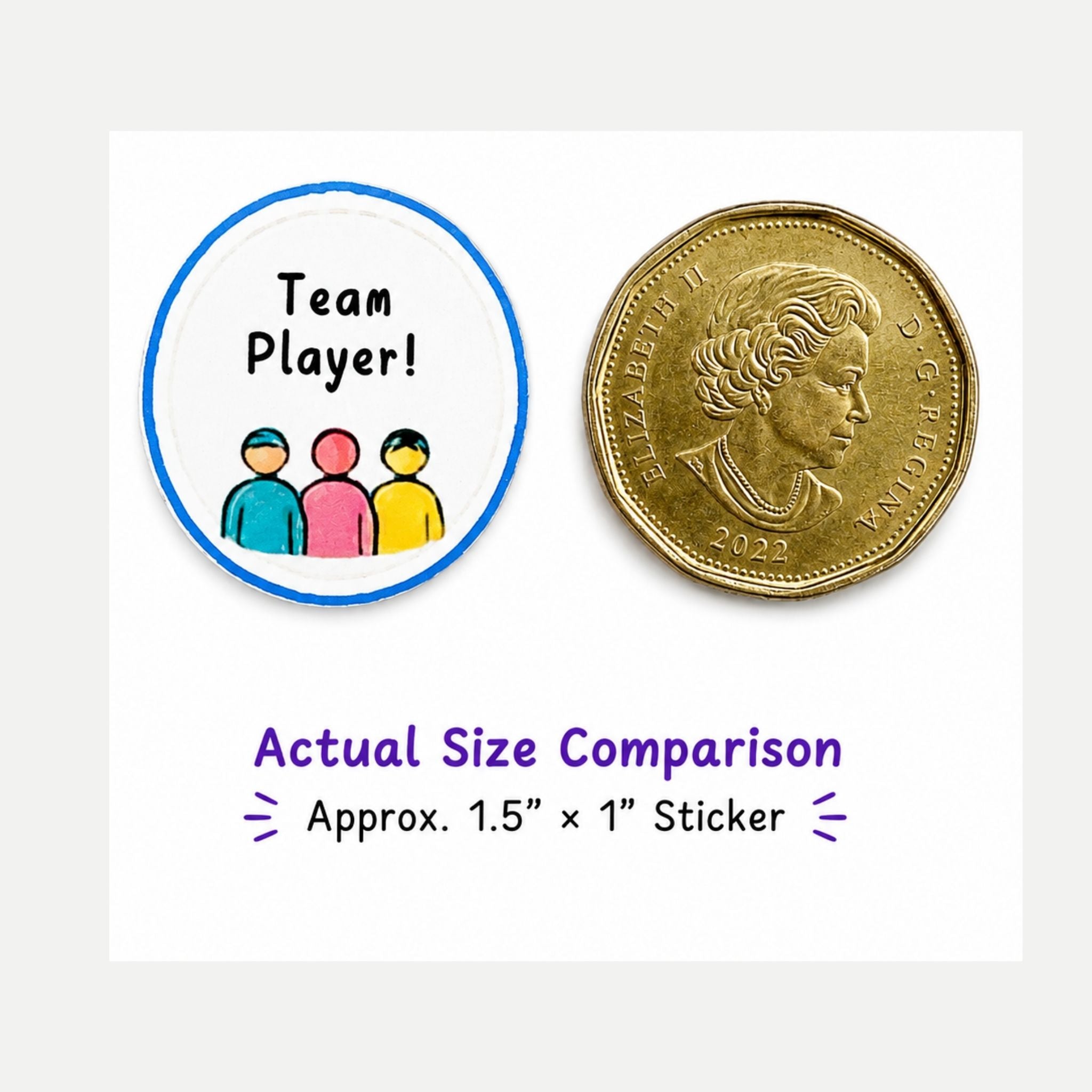 One of the peel and stick stickers with a blue border, the text 'Team Player!' and three small colorful player icons, shown next to a Canadian Loonie for size comparison. 