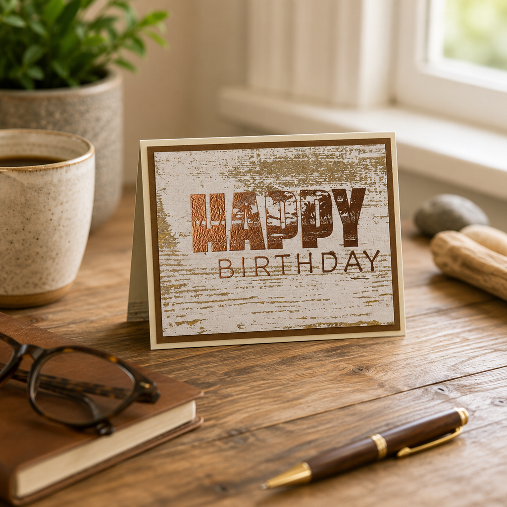 A rustic wooden tabletop scene with a small greeting card standing upright. The card has a distressed whitewashed wood look and reads “HAPPY BIRTHDAY” in brown lettering.