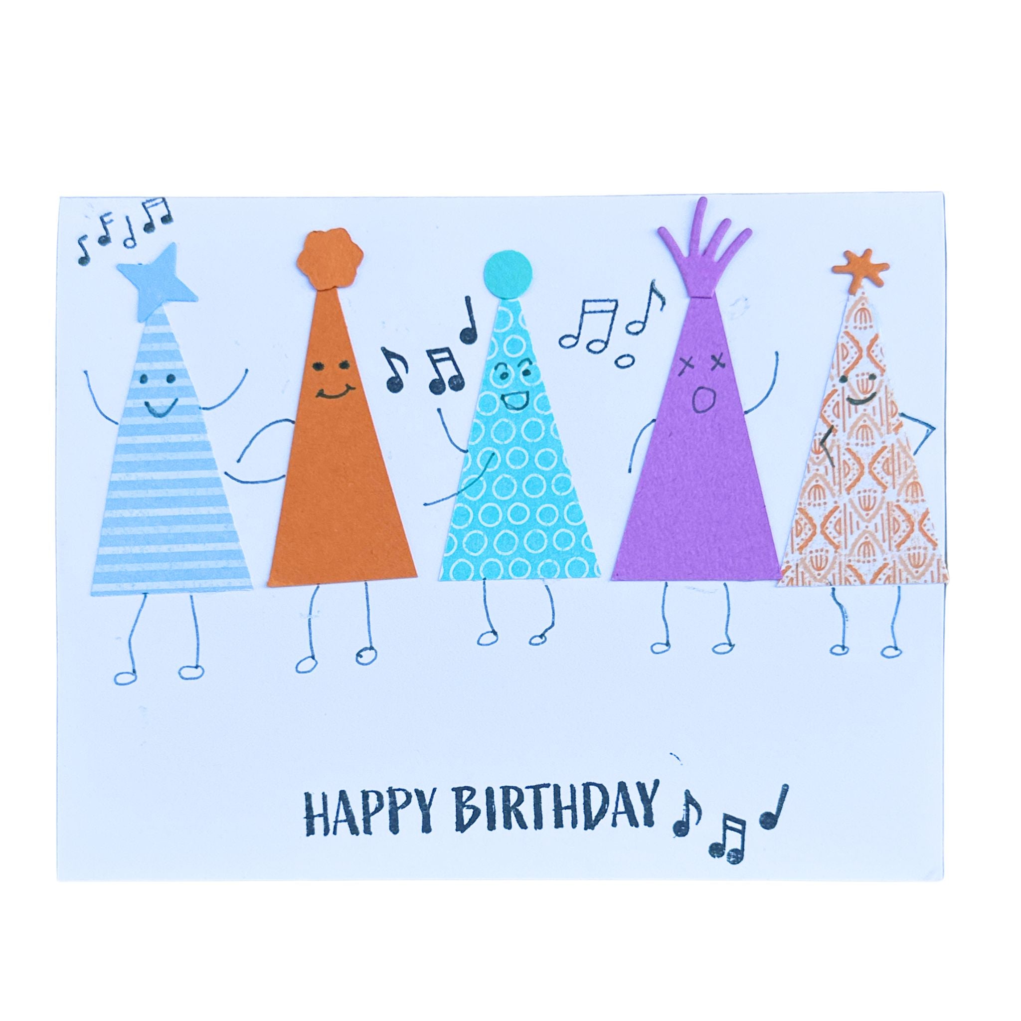 Handmade birthday card featuring colourful party hats singing together with musical notes and a Happy Birthday greeting.