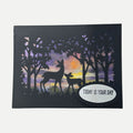 Handmade deer birthday card with woodland scene and sunset background