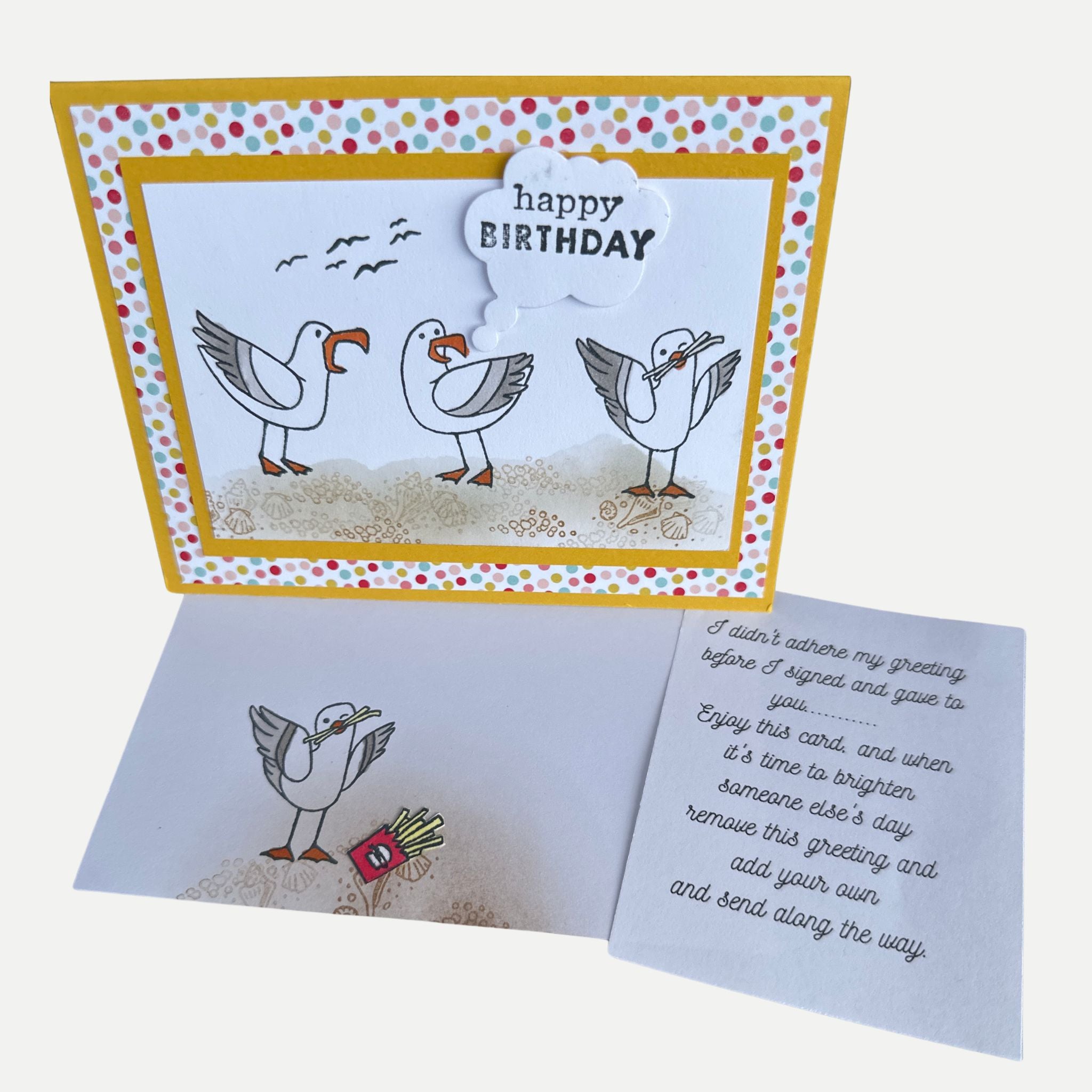 Handmade seagull birthday card with coordinating envelope and bonus extra greeting for sharing the card again.