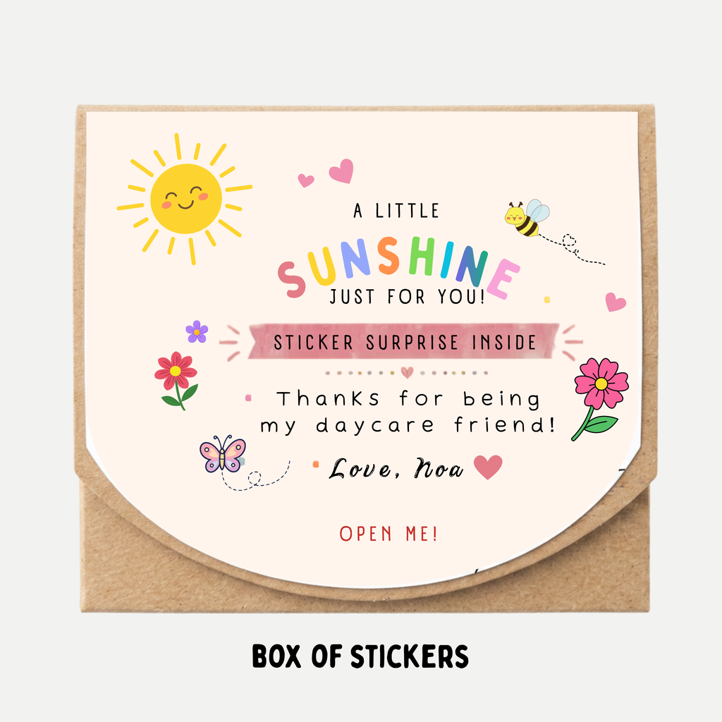 A rectangle kraft envelope style box, featuring a pastel sun, flowers, butterfly, bee, and the text 'A LITTLE SUNSHINE JUST FOR YOU! STICKER SURPRISE INSIDE.