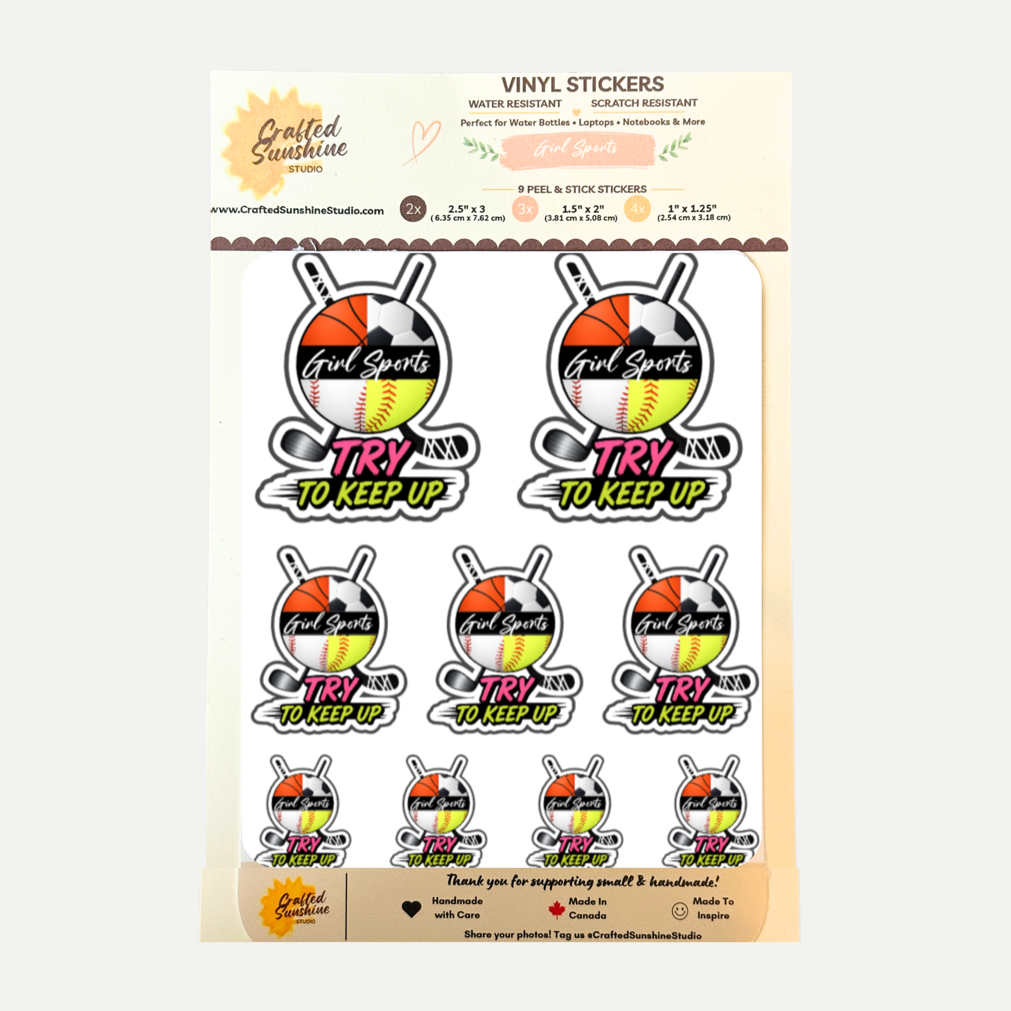 Girl Sports™ Try to Keep Up Sticker Sheet | 9 Peel & Stick Vinyl Stickers (3 Sizes)