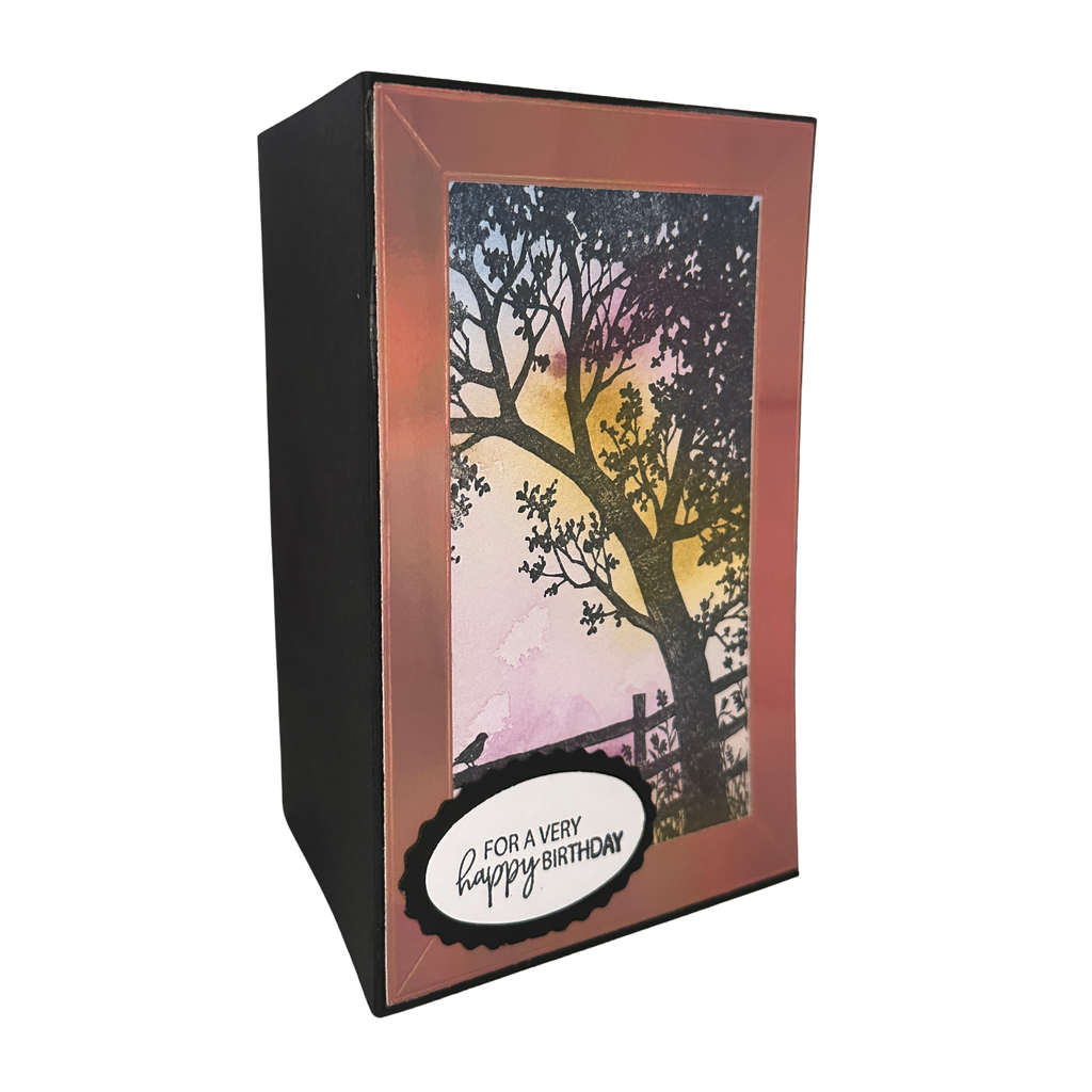 Side view of handmade birthday card showing its premium layered construction, metallic rose frame, and dimensional design.